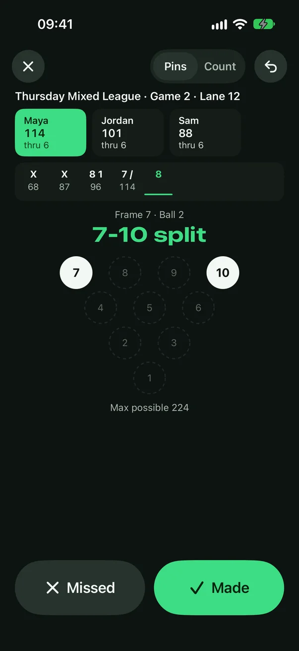 Headpin lane screen: Maya on 114 with a 7-10 split, Missed and Made buttons