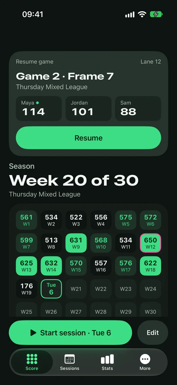 Headpin season screen: a grid of league nights shaded by series
