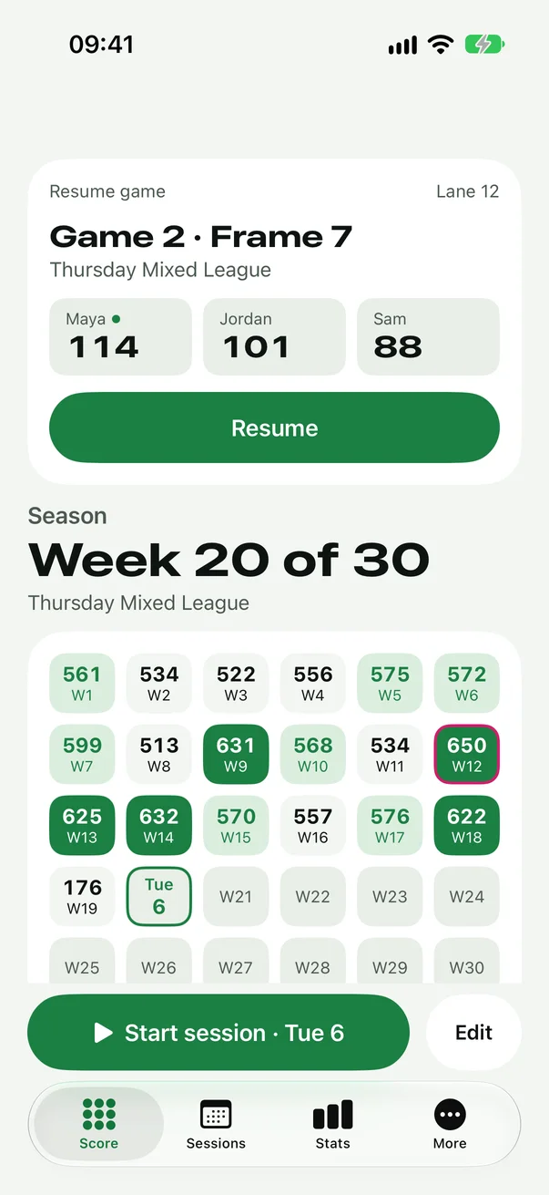 Headpin season screen: a grid of league nights shaded by series